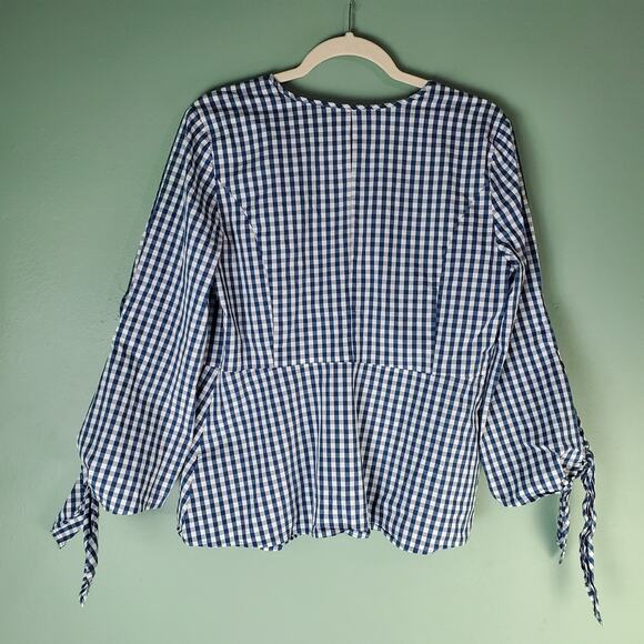J. Crew Universal Standard Womens Gingham Tie Sleeve Peplum Top Size Medium - Picture 2 of 5